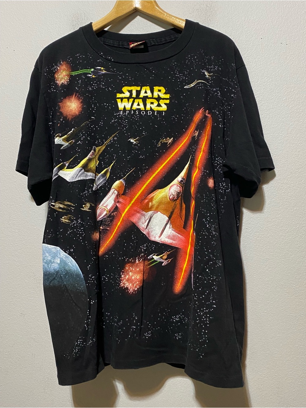 Vintage 1990s Star Wars Episode 1 Phanton Menace All Over Print T-Shirt Sz Large